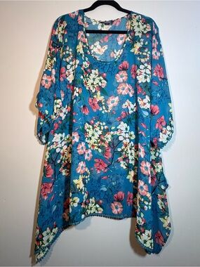 Lands’ End Teal Floral Kimono Cover-Up Medium | Lightweight Beach Resort Swim